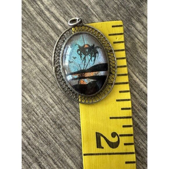 Vintage Sterling Butterfly Wing Pendant Palm Tree Tropical Paradise - Picture 3 of 5